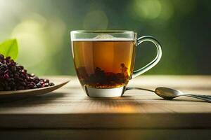 un' tazza di tè su un' di legno tavolo. ai-generato foto