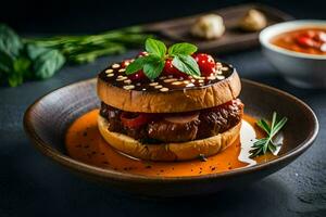 un' Hamburger con pomodoro salsa e erbe aromatiche su un' piatto. ai-generato foto