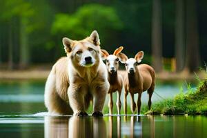 un' bianca orso e Due cervo in piedi nel il acqua. ai-generato foto