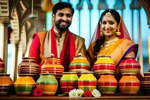 un' coppia nel tradizionale indiano abbigliamento posa per un' foto. ai-generato foto