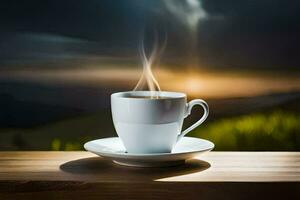 un' tazza di caffè su un' di legno tavolo. ai-generato foto