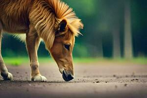 un' cavallo è mangiare erba su il strada. ai-generato foto