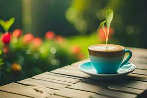 un' tazza di caffè con un' germoglio. ai-generato foto