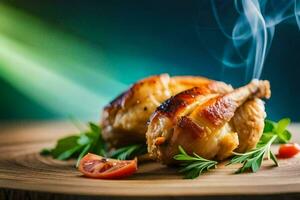Due pollo gambe su un' di legno tavola con Fumo. ai-generato foto