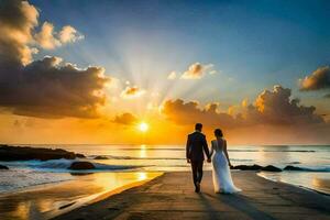 il sposa e sposo siamo a piedi su il spiaggia a tramonto. ai-generato foto