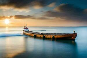 un' barca nel il oceano a tramonto. ai-generato foto