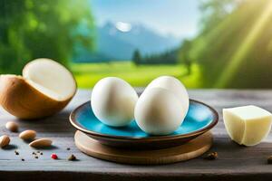 uova, Noce di cocco e mandorle su un' di legno tavolo. ai-generato foto