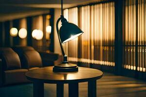 un' lampada su un' tavolo nel un' Hotel camera. ai-generato foto