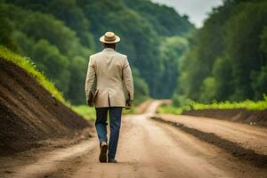 un' uomo nel un' completo da uomo e cappello passeggiate giù un' sporco strada. ai-generato foto