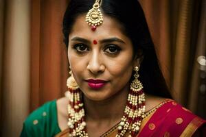 un' bellissimo indiano donna indossare gioielleria e un' rosso sari. ai-generato foto