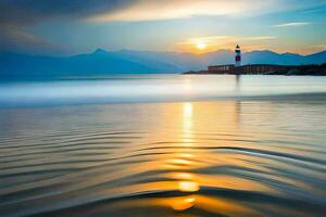 un' faro sta su il spiaggia a tramonto. ai-generato foto