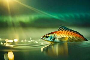 un' pesce nuoto nel il acqua con un' luminosa leggero dietro a esso. ai-generato foto
