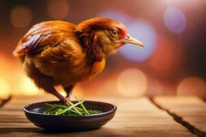 un' pollo è in piedi su un' piatto con erba. ai-generato foto