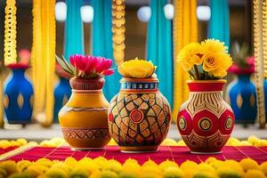 tre colorato vasi con fiori su un' tavolo. ai-generato foto