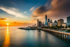 il sole sorge al di sopra di il città orizzonte nel miami. ai-generato foto