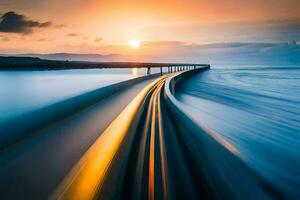 un' treno in viaggio lungo il oceano a tramonto. ai-generato foto