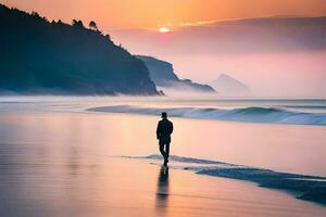 un' uomo a piedi su il spiaggia a tramonto. ai-generato foto