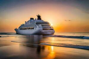 un' crociera nave nel il oceano a tramonto. ai-generato foto