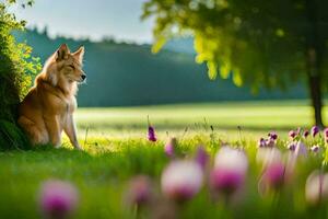 un' cane seduta nel il erba con viola fiori. ai-generato foto