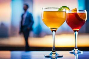 Due bicchieri di cocktail con un' uomo nel il sfondo. ai-generato foto