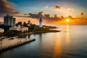 il sole imposta al di sopra di un' città e faro. ai-generato foto