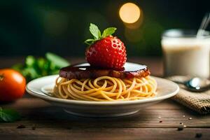 spaghetti con fragola salsa e un' fragola su un' piatto. ai-generato foto