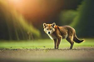 un' solitario lupo sta nel il mezzo di un' campo. ai-generato foto