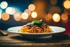 spaghetti con salsa e erbe aromatiche su un' piatto. ai-generato foto
