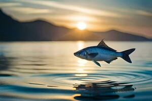 un' pesce salto su di il acqua a tramonto. ai-generato foto