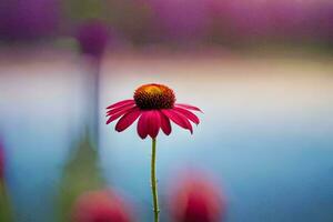 un' singolo rosa fiore sta nel davanti di un' lago. ai-generato foto