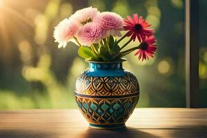 un' vaso con rosa fiori su un' tavolo. ai-generato foto