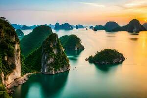 il sole imposta al di sopra di il acqua nel halong baia. ai-generato foto