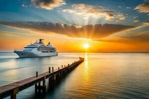 un' crociera nave nel il oceano a tramonto. ai-generato foto