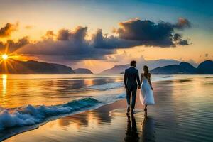 un' sposa e sposo a piedi su il spiaggia a tramonto. ai-generato foto