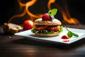 un' Hamburger con pomodoro, lattuga e un' fragola su un' piatto. ai-generato foto