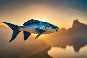 un' pesce è volante al di sopra di il acqua a tramonto. ai-generato foto