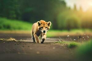 un' giovane lupo è a piedi su un' sporco strada. ai-generato foto