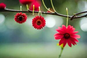 rosso fiori sospeso a partire dal un' ramo. ai-generato foto