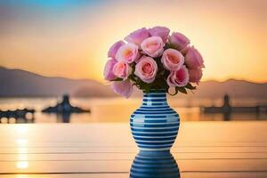rosa Rose nel un' blu e bianca a strisce vaso su un' tavolo. ai-generato foto