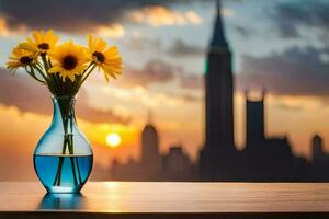 girasoli nel un' vaso su un' tavolo con un' città nel il sfondo. ai-generato foto