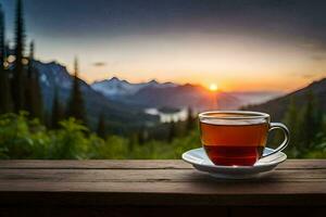 un' tazza di tè su un' montagna superiore. ai-generato foto