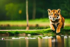 un' tigre a piedi attraverso un' erboso campo. ai-generato foto