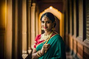 un' bellissimo indiano donna nel un' sari pose per il telecamera. ai-generato foto
