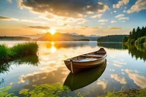 il barca su il lago a tramonto. ai-generato foto