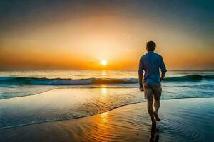 un' uomo a piedi su il spiaggia a tramonto. ai-generato foto