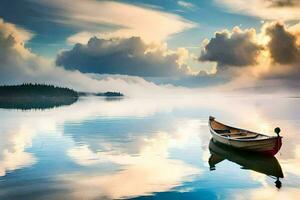 un' barca su un' calma lago con nuvole riflettendo nel il acqua. ai-generato foto