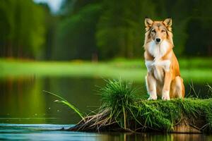 un' cane seduta su un' ceppo nel il acqua. ai-generato foto