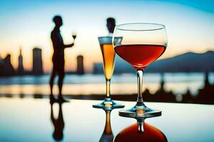 Due bicchieri di vino su un' tavolo con un' città orizzonte nel il sfondo. ai-generato foto