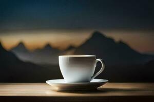 caffè tazza su un' tavolo con montagne nel il sfondo. ai-generato foto