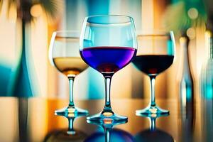 tre vino bicchieri con diverso colori di vino. ai-generato foto